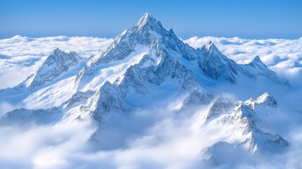 Fototapeta premium Majestic snow-capped mountain peak above clouds