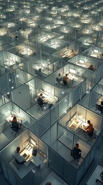 Futuristic Office Cubicles with Isolated Workers Highlighting Modern Work Culture, Isolation, and Productivity