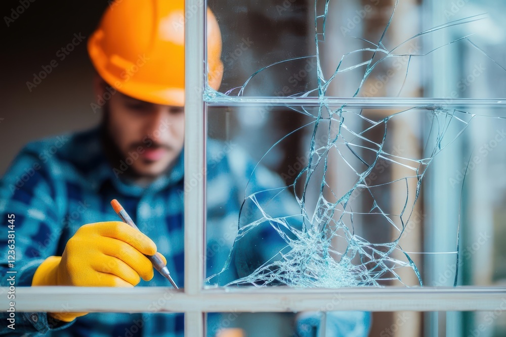 Aufkleber a diligent worker in a hard hat and bright safety helmet diligently repairing a broken window on a b