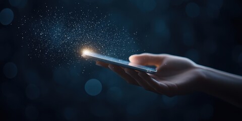 Hand Holding Smartphone with Magical Light Effects