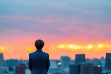 Fototapeta premium Professional Man in Suit Gazing at Bustling City Skyline from Elevated Perspective Capturing Urban Ambiance and Ambition in Modern Environment