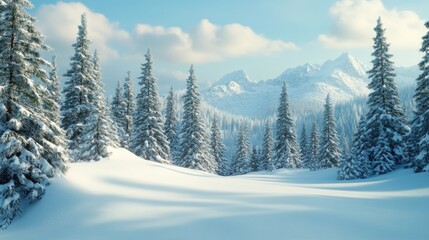 Fototapeta premium A serene snowy forest path leading to a majestic mountain range. The scene is quiet and tranquil, an idyllic winter landscape.