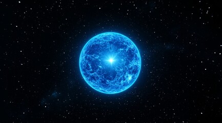 Naklejka premium Blue energy sphere explodes in space; cosmic background, science fiction