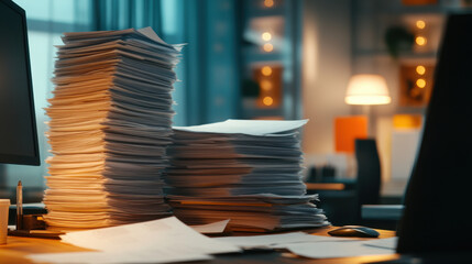 cluttered office desk with stacks of paper, computer, and warm lighting creates busy atmosphere. scene reflects challenges of paperwork and organization