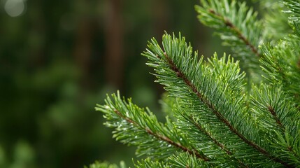 Obraz premium Evergreen tree branch, rain drops, forest background, nature photography, website banner