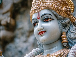 A statue of a man with gold trim on his head and gold earrings. The statue is of a religious figure and is smiling