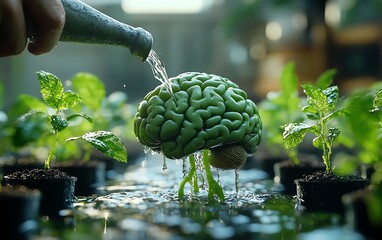 A closeup of a man watering a brainshaped plant, representing nurturing one s mind for mental enhancement, vibrant colors, serene atmosphere, photorealistic quality, 4K sharpness