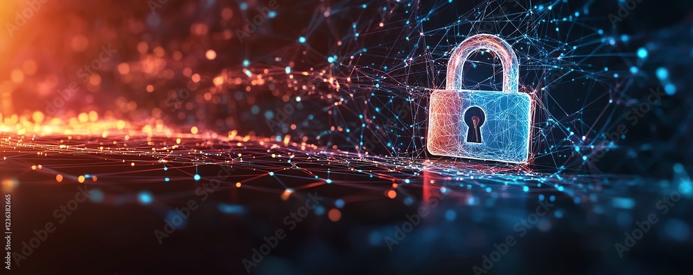 Poster a cybersecurity landscape with a secure padlock at the core