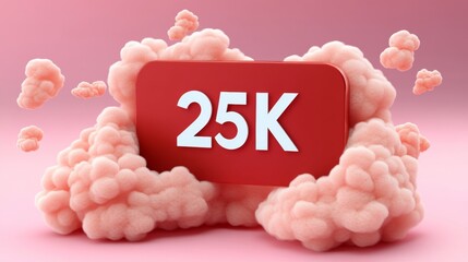 Social Media Notification, 25,000 Followers, Celebration Background, Abstract Pink Clouds, Isolated