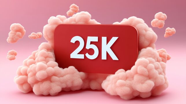 Social Media Notification, 25,000 Followers, Celebration Background, Abstract Pink Clouds, Isolated