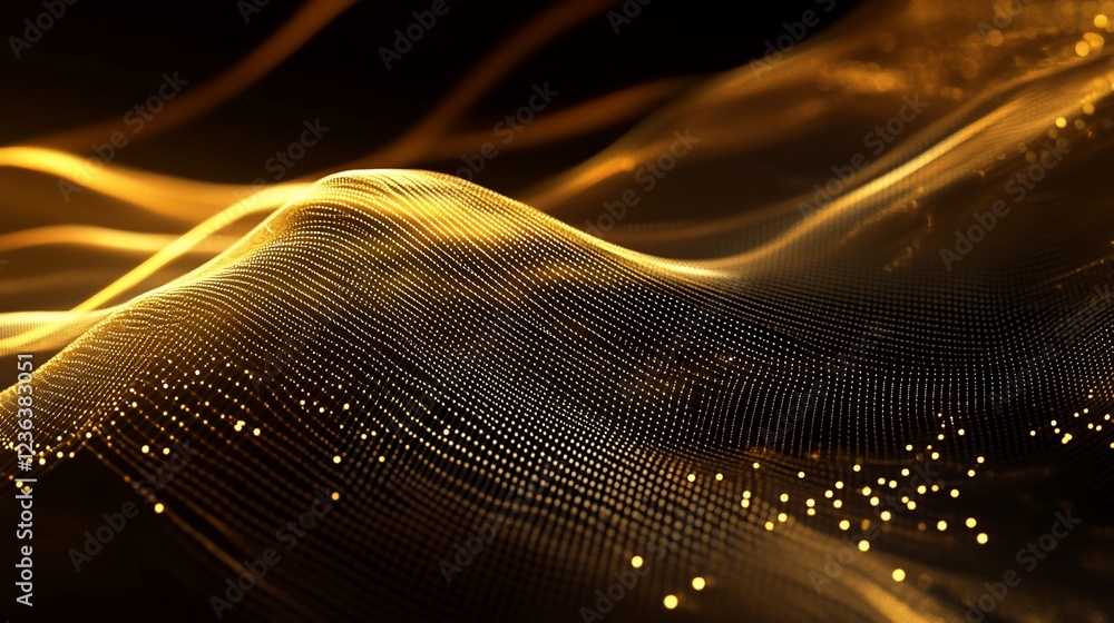 Poster abstract golden wave background with glowing dots on a dark backdrop