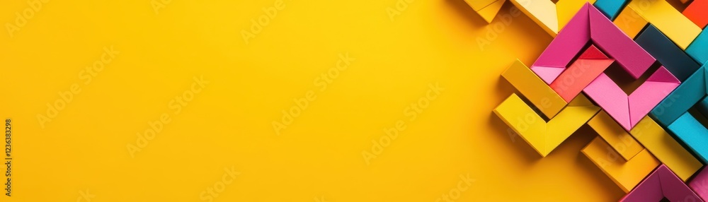 Aufkleber vibrant and playful arrangement of colorful paper cubes on a bright yellow background evoking a chee