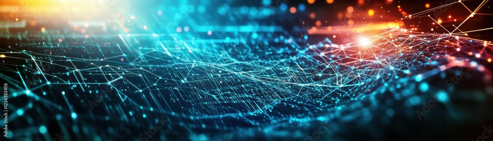 Poster Futuristic Network Structure with Illuminating Lights Connecting Nodes in a Complex Web of Technology Representing Digital Communication and Innovation