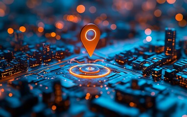 A futuristic miniature urban model with dynamic geofencing rings and a towering geo pin