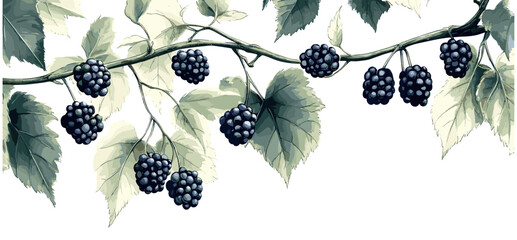 Antique fruit decor, blackberry vine with ripe blackberries, vintage botanical illustration, soft green leaves, natural tones © aura studio