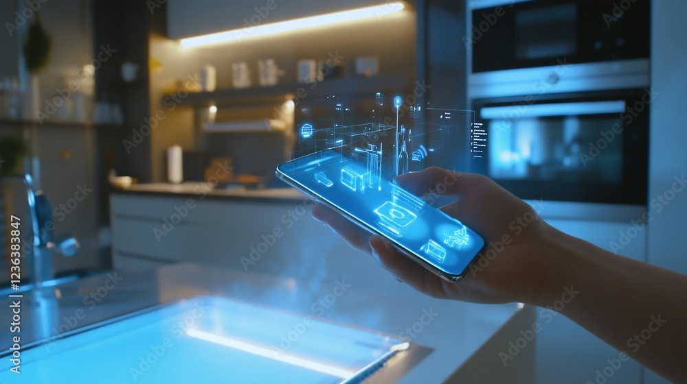 Poster smart home control using a mobile device with futuristic holographic interface in a kitchen