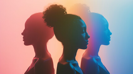Colorful Gradient Silhouette Portraits of Women, Minimalist Close-Up Studio Shot with Soft Lighting