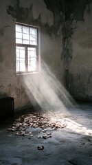 '  Sunlight streams into abandoned room, with debris on the floor, for a background.