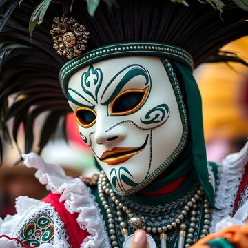 Un primer plano de un bailar&iacute;n enmascarado actuando durante un festival cultural, mostrando los detalles intrincados del disfraz.


