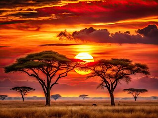Tanzania's Serengeti sunset: acacia trees silhouetted, a double exposure safari dream.
