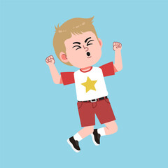 Cute American Boy with Blond Hair Cartoon Excited and Cheerful