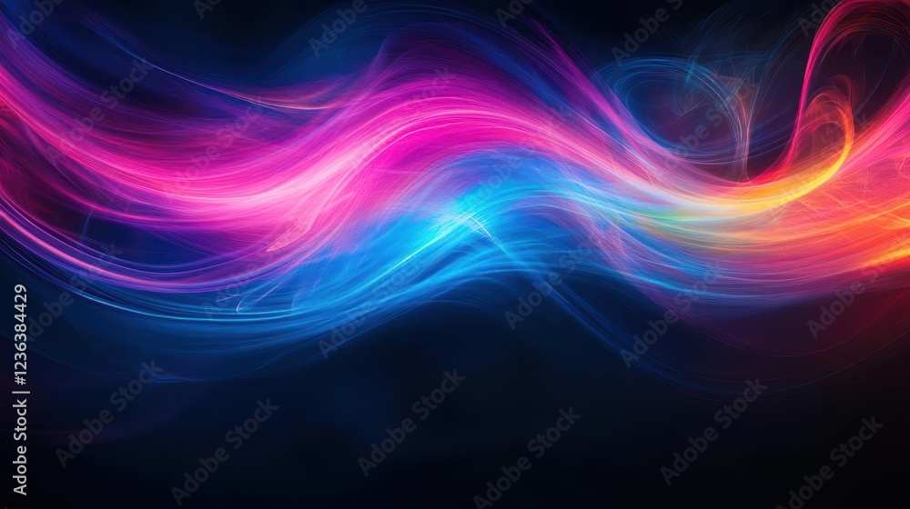 Poster vibrant abstract background featuring colorful swirls and shapes against a deep black backdrop evoki