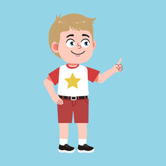 Cute American Boy with Blond Hair Cartoon pointing hand gesture