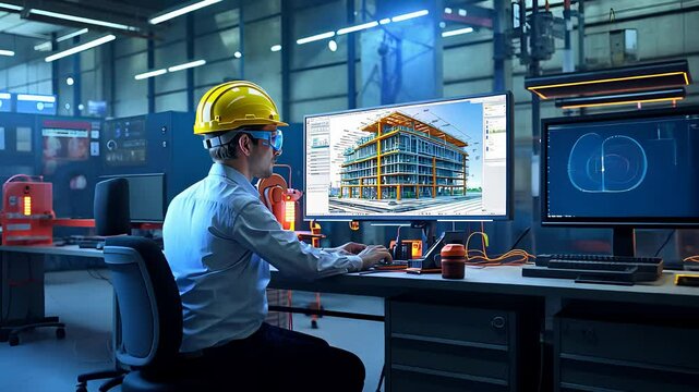 Engineer Using CAD Software for 3D Architectural Design in Modern Industrial Office with High-Tech Equipment

