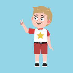 Cute American Boy with Blond Hair Cartoon peace and two hand sign