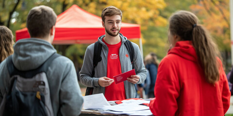 Mental health awareness campaign booth at a college campus, with volunteers handing out informational brochures and talking to students.