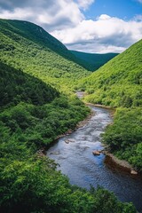 Vibrant green mountain valley, serene river flowing through lush foliage, tranquil outdoor setting for relaxation and adventure.