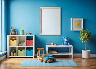 Kids Room Nursery Mockup: Poster Frame on Blue Wall – Childrens Bedroom Interior Design