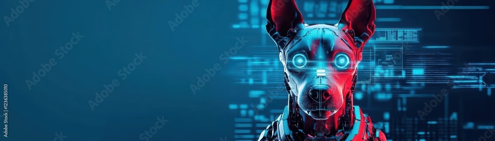 Poster futuristic robot character with vibrant red head and striking blue eyes standing against a neutral b