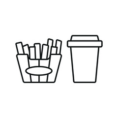 Drink and fried fries set food icon in flat style, featuring a refreshing beverage in a cup with a straw and a crispy serving of golden french fries.