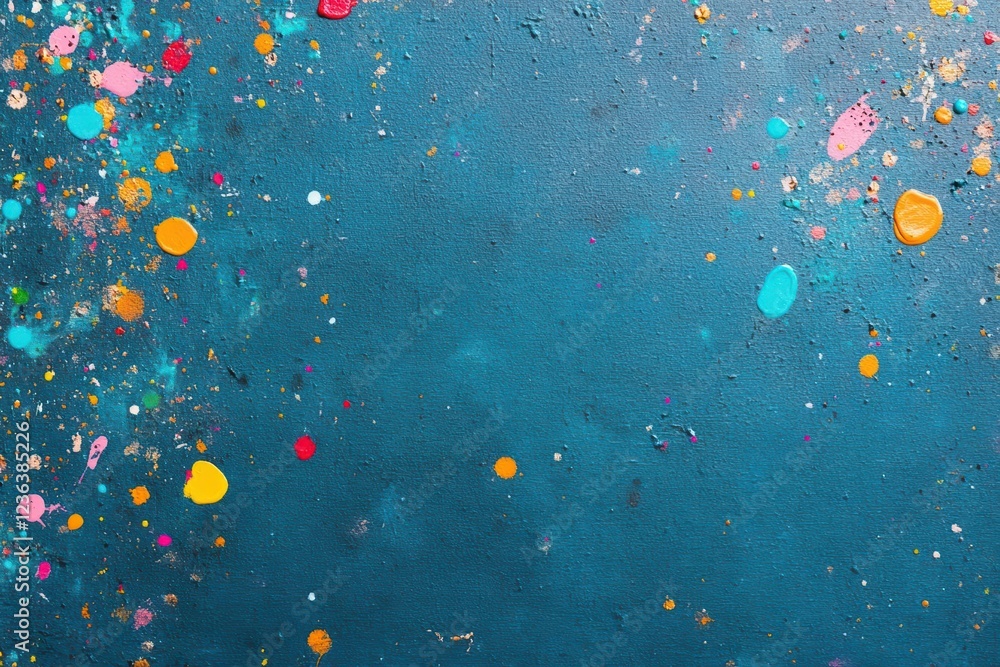 Aufkleber Vibrant Colorful Paint Splatters Creating an Artistic Explosion on a Deep Blue Background Evoking Creativity and Joy in a Playful Artistic Expression