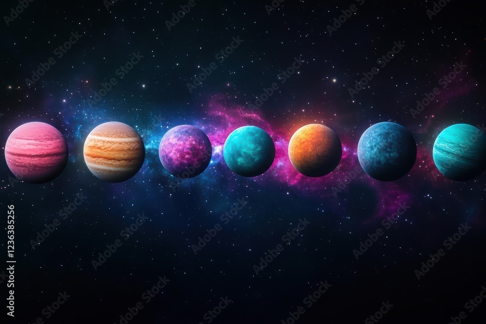 Poster stunning celestial display of multiple planets glimmering in the night sky above a serene landscape 