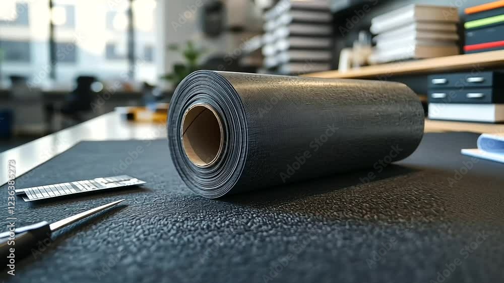 Poster professional workspace with a roll of roofing felt displayed alongside a utility knife and adhesive 