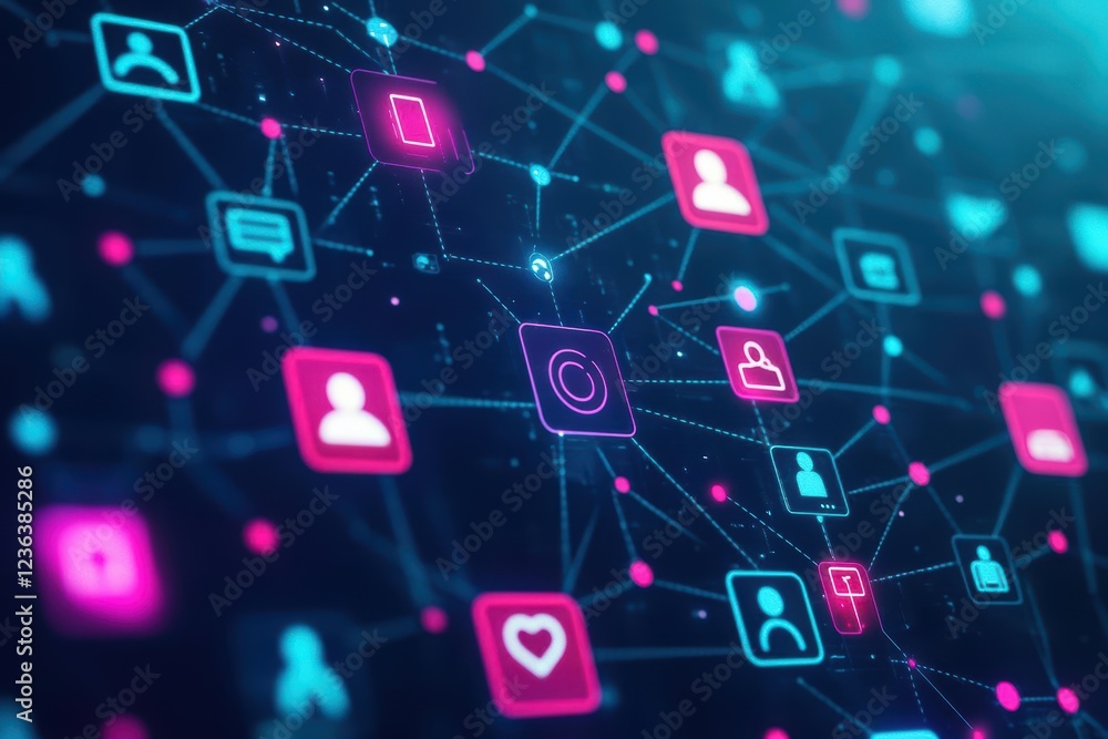Poster vibrant blue and pink background filled with diverse social media icons representing connectivity en