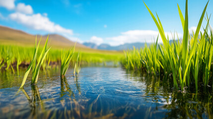 Obraz premium Lush Green Grass and Calm Water Under Bright Blue Sky with Clouds in Nature Landscape