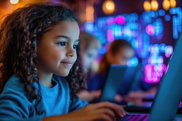 Naklejka premium Young Girl Focused on Coding, illuminated by vibrant screen glow.