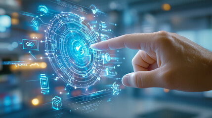 Interactive digital interface with a hand touching the display