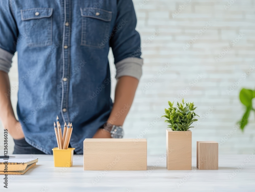 Poster a thoughtful man standing beside a wooden desk with a green plant centered on it in a bright and inv