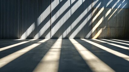 Sheets of shiny corrugated metal roofing leaning neatly against a weathered concrete wall in a spacious industrial warehouse, illuminated by soft beams of sunlight streaming throug - Powered by Adobe