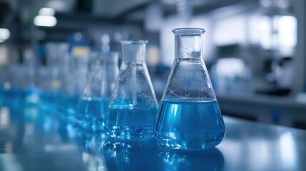 Laboratory Erlenmeyer Flasks with Blue Liquid in a Modern Lab Setting