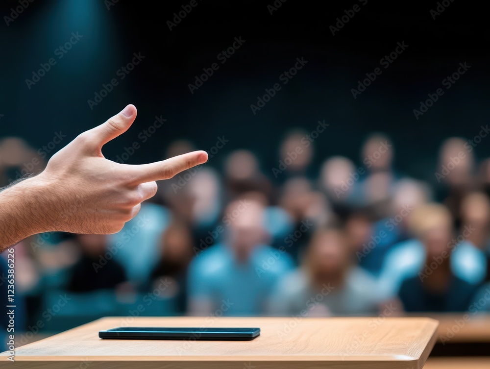 Poster engaging lecture delivered by educator to captivated audience in modern classroom setting filled wit