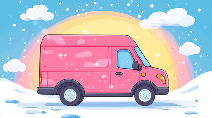 Fototapeta premium Vibrant pink van in winter wonderland with rainbow backdrop