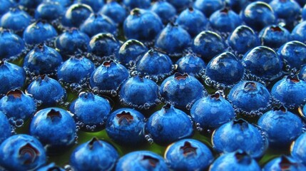 A close-up view of fresh blueberries glistening with water droplets, showcasing their vibrant colors and natural beauty, perfect for health and food themes.