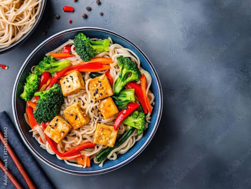 Poster deliciously styled bowls of noodles and tofu garnished with fresh vegetables and authentic chops cre