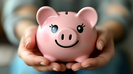 Closeup of hands gently holding a cute pink piggy bank.  Perfect for illustrating concepts of saving, financial security, and childhood. Ideal for blogs, websites, or financial publications.