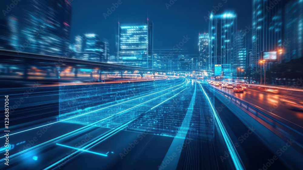 Poster enchanting cityscape at night bathed in soft blue light with glowing urban architecture and vibrant 